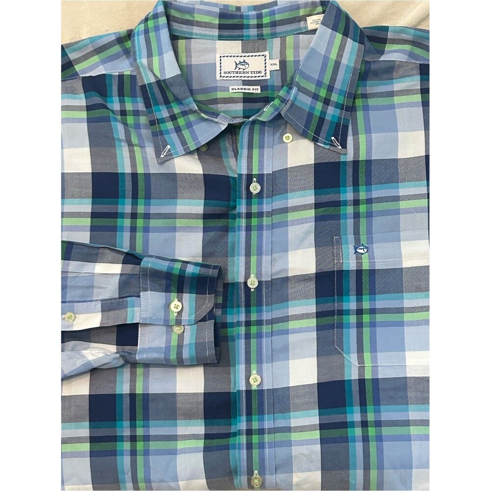 Southern Tide Mens XXL Classic Fit Plaid Cotton Long Sleeve Button Down Blue